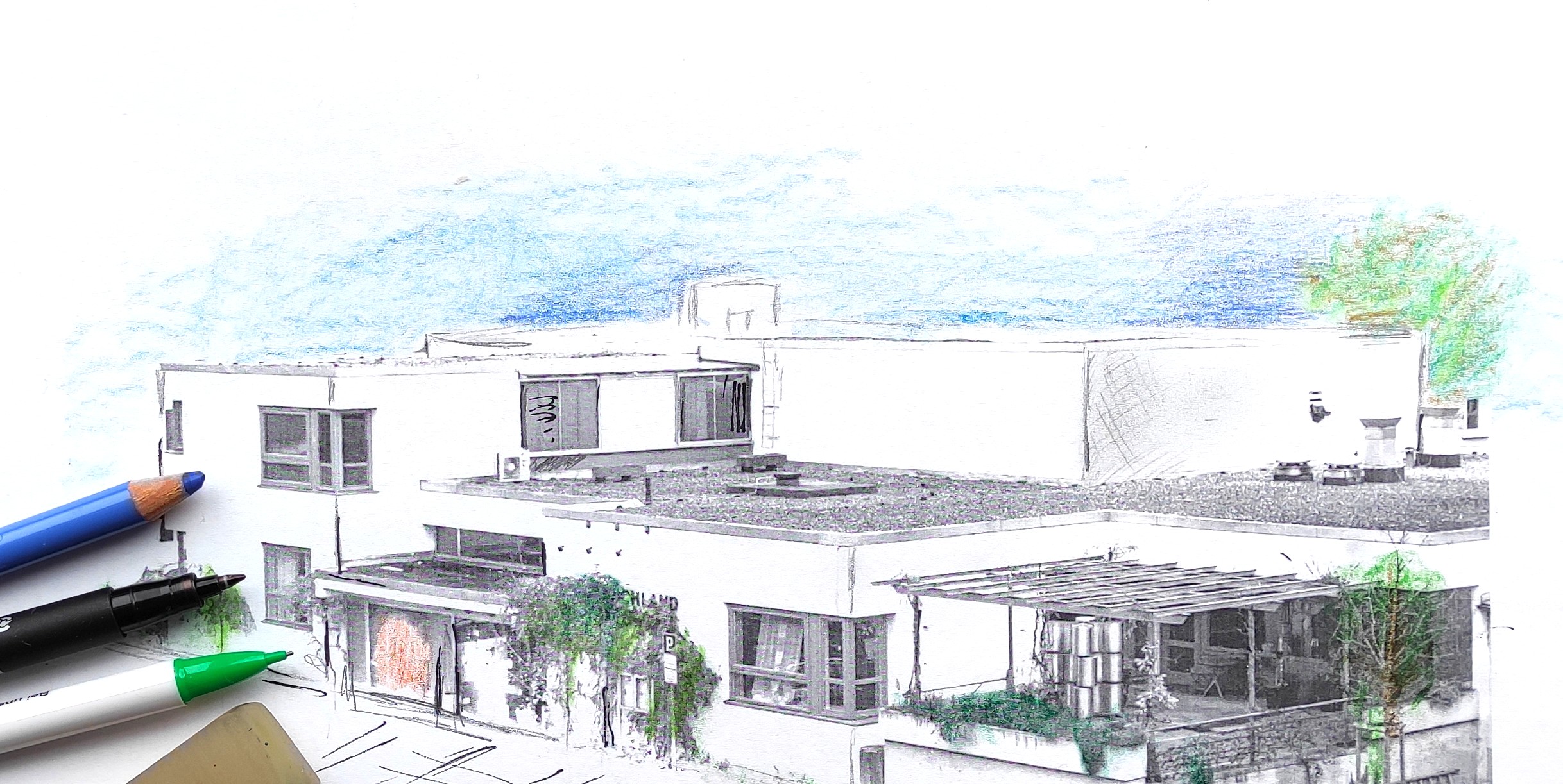 Bunte Zeichnung vom zukünftigen Gebäude